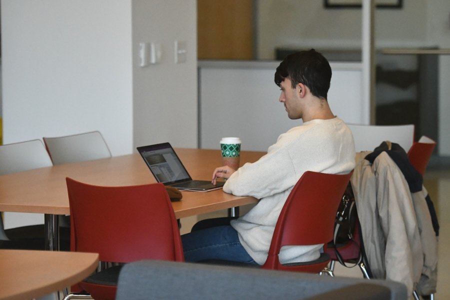 A photo of a CMSRU student on a laptop in a study space.