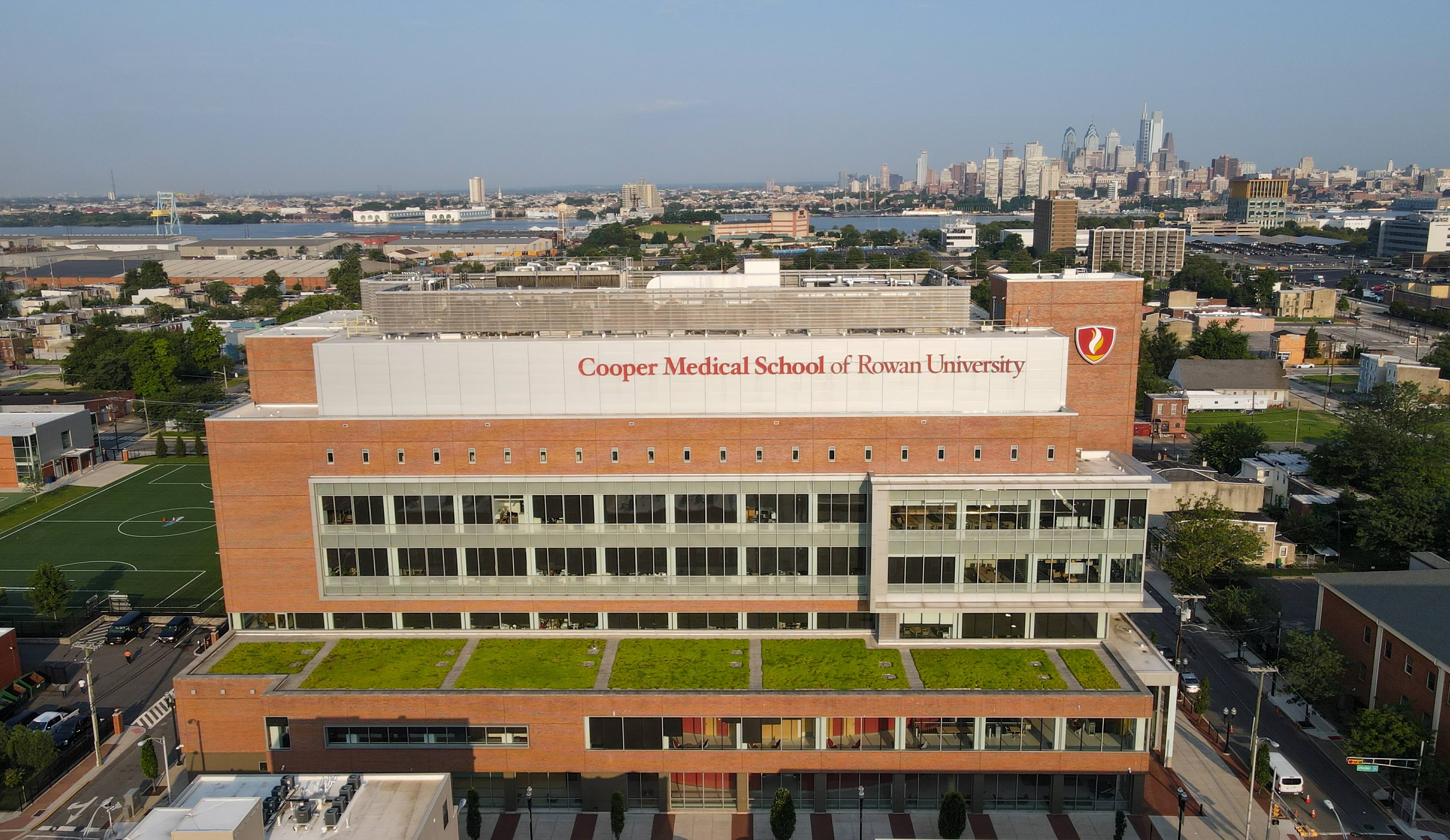 CMSRU building aerial photo with Philadelphia skyline