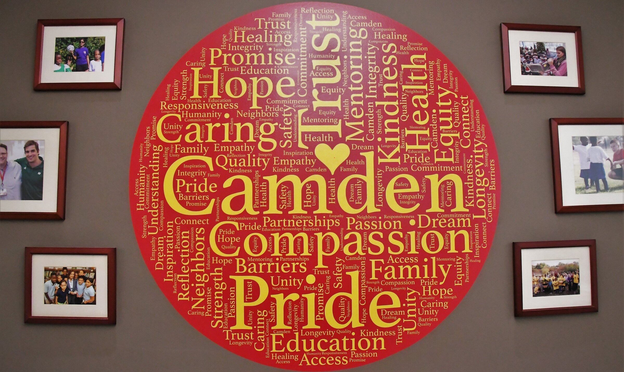 An image of a mural in the CMSRU Medical Education Building featuring word art with words describing the City of Camden.