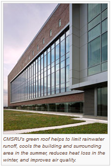 A photo featuring the rooftop of the CMSRU Medical Education Building. CMSRU's green roof helps to limit rainwater runoff, cools the building and surrounding area in the summer, reduces heat loss in the winter and improves air quality.