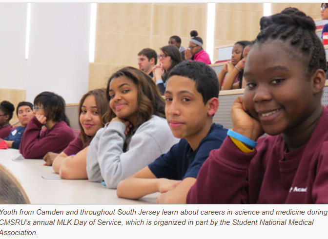 A photo featuring youth from Camden and throughout South Jersey learn about careers in science and medicine during CMSRU's annual MLK Day of Service, which is organized in part by the Student National Medical Association (SNMA).