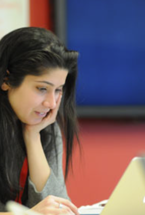 A photo featuring a student looking at a computer.