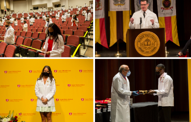 A collage of photos from CMSRU's White Coat Ceremony in 2020. Photos show students reciting the Hippocratic Oath, guest speakers addressing the audience, a student standing in their white coat, and a student receiving a stethoscope.