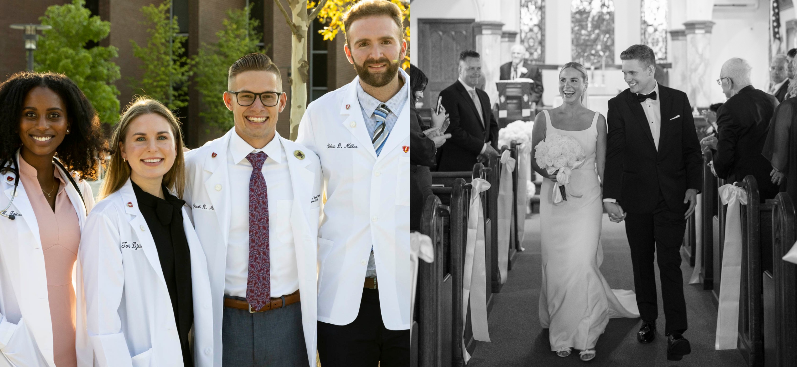 From White Coat to White Wedding Dress: A side by side photo of Tori and Jake at the 2022 White Coat Ceremony: Image of Tori and Jake side by side