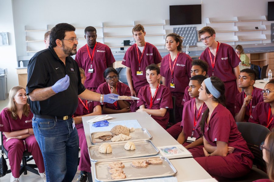 A CMSRU faculty member speaks with a group of students participating in the MEDacademy program.