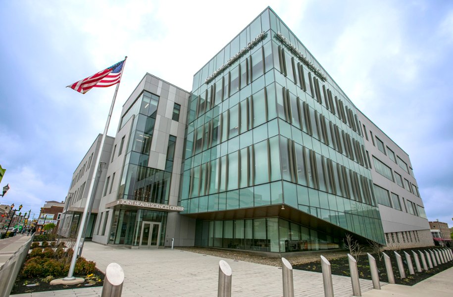 An exterior of the Joint Health Sciences Center in Camden, NJ. The Clinical Skills and Simulation Center is located in Camden, New Jersey.