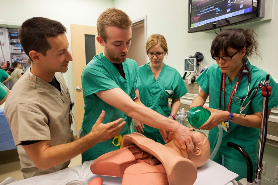 A group of CMSRU students working in the Clinical Skills and Simulation Center.