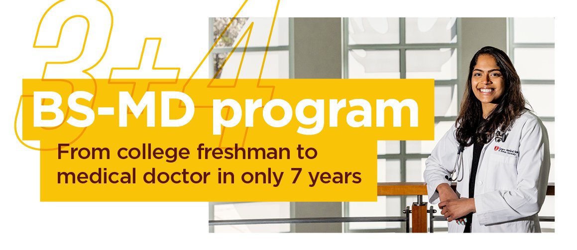 A graphic featuring a student enrolled in the three plus four BS-MD program at CMSRU, along with text that reads as follows: BS-MD Program: From college freshman to medical doctor in only seven years.