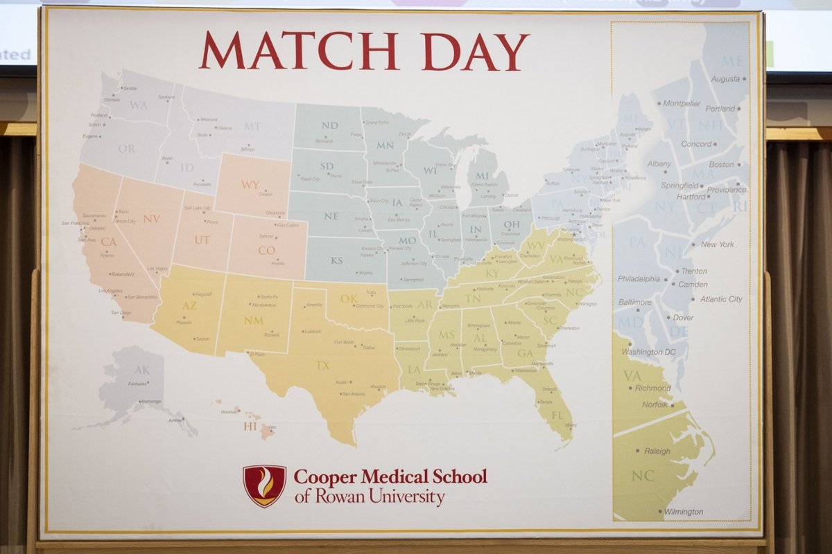 A map of the United States, which is used to show where students "match" on Match Day.